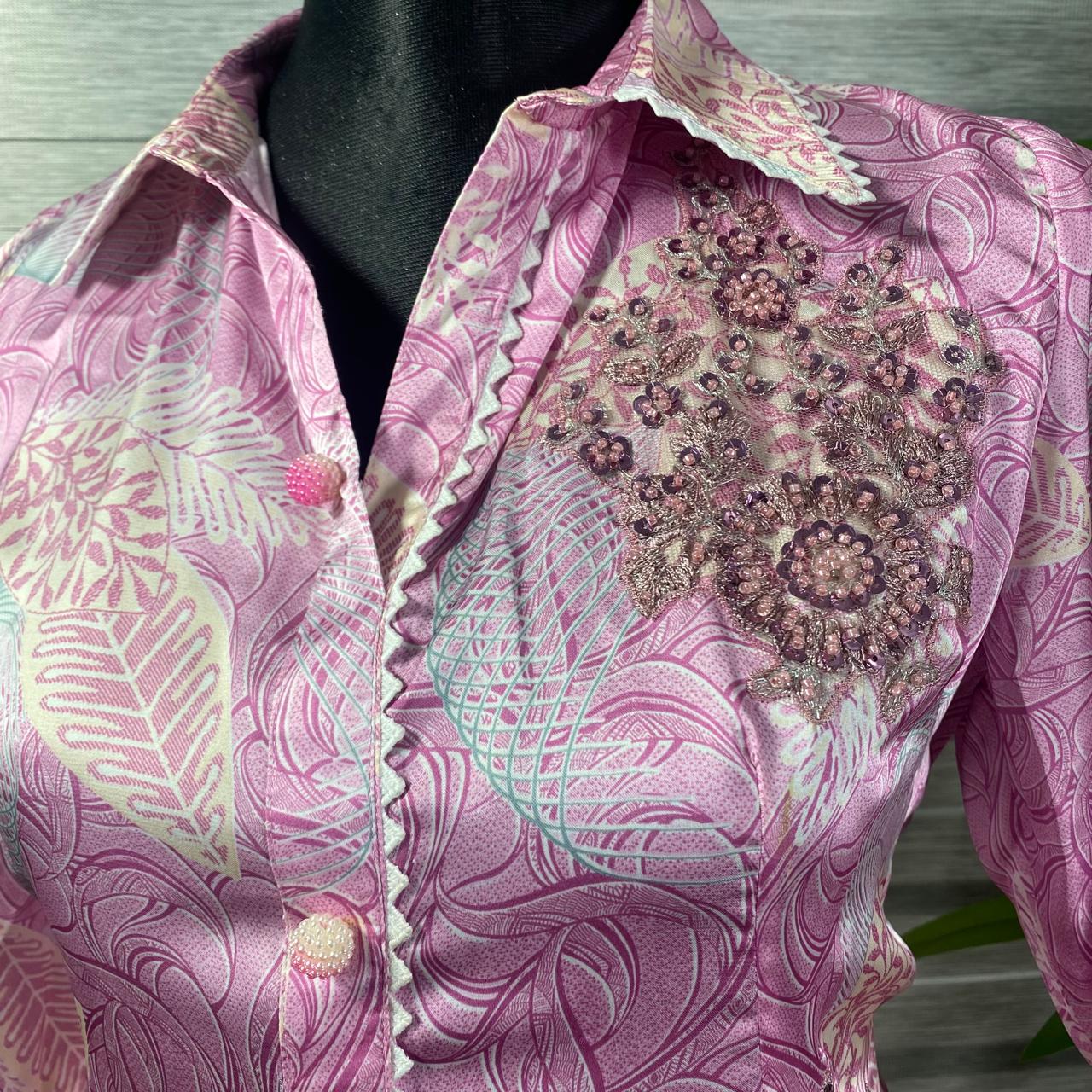 Lilac Satin Tunic & Trousers Set with Floral Embroidery - Image 2