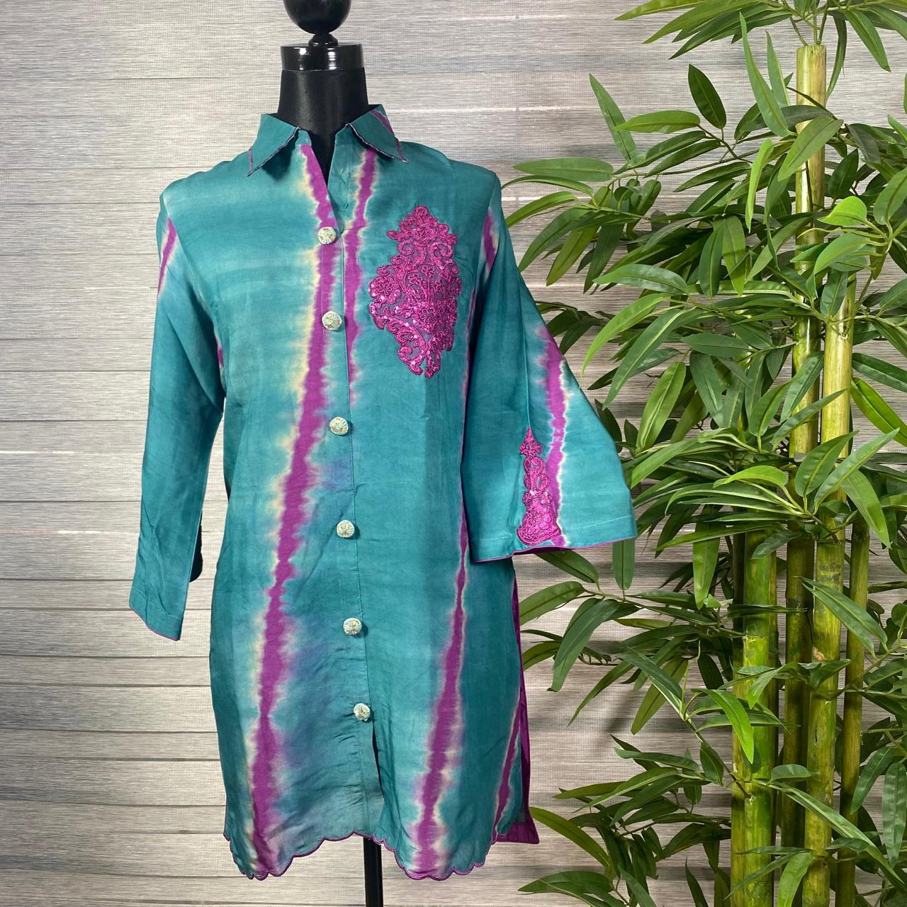 Teal & Fuchsia Tie-Dye Embroidered Tunic Set - Image 1