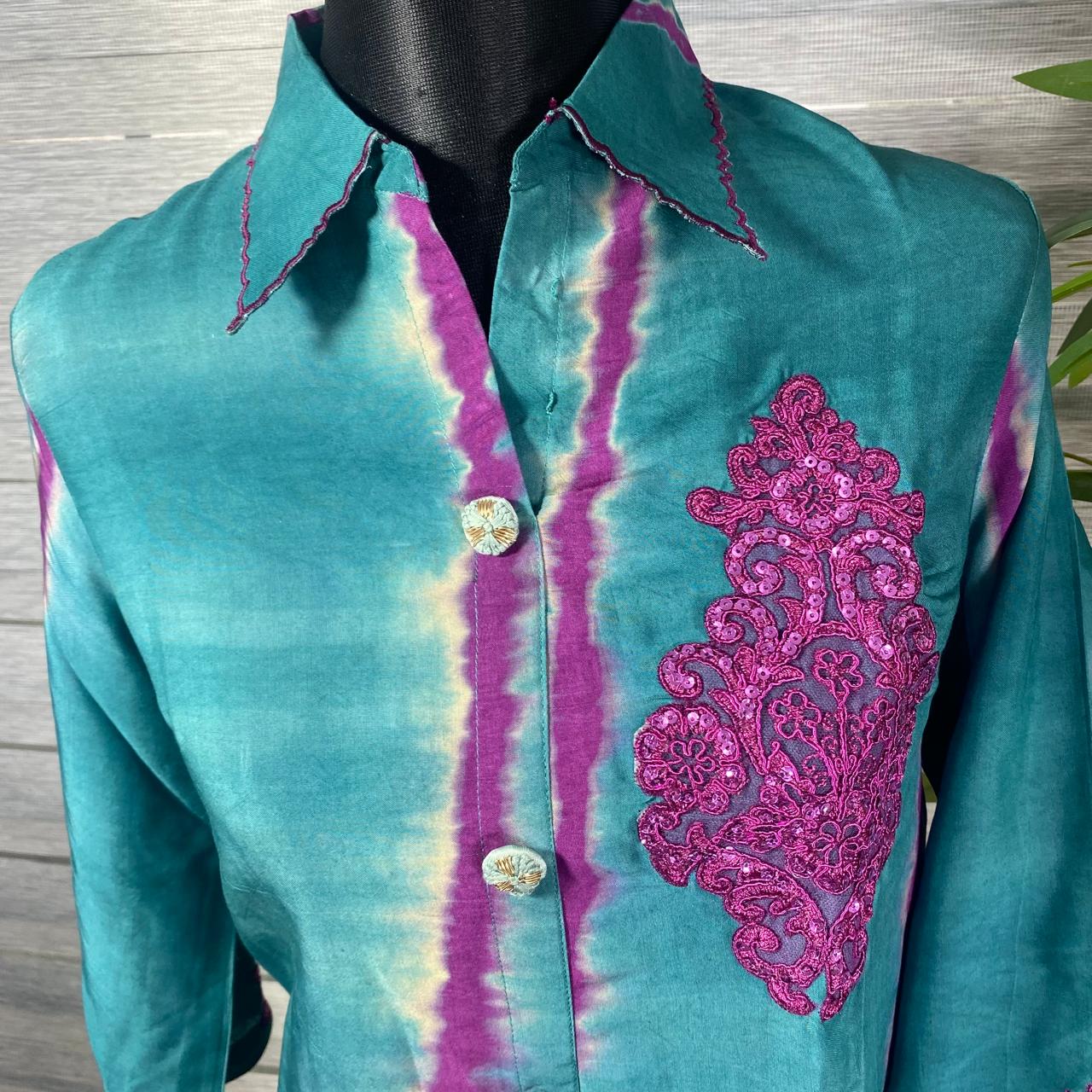 Teal & Fuchsia Tie-Dye Embroidered Tunic Set - Image 2