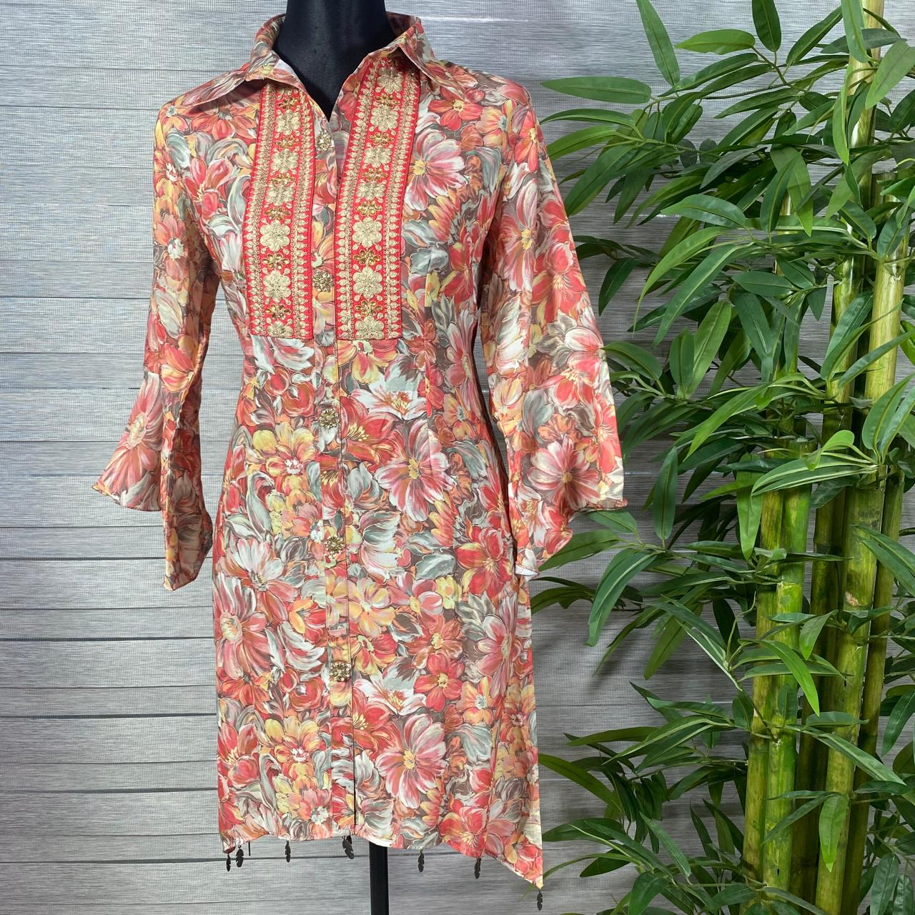Coral Floral Embroidered Tunic & Trousers Set - Image 1