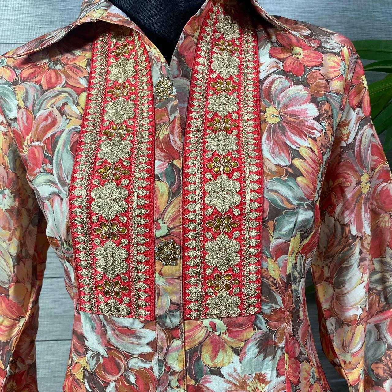 Coral Floral Embroidered Tunic & Trousers Set - Image 2