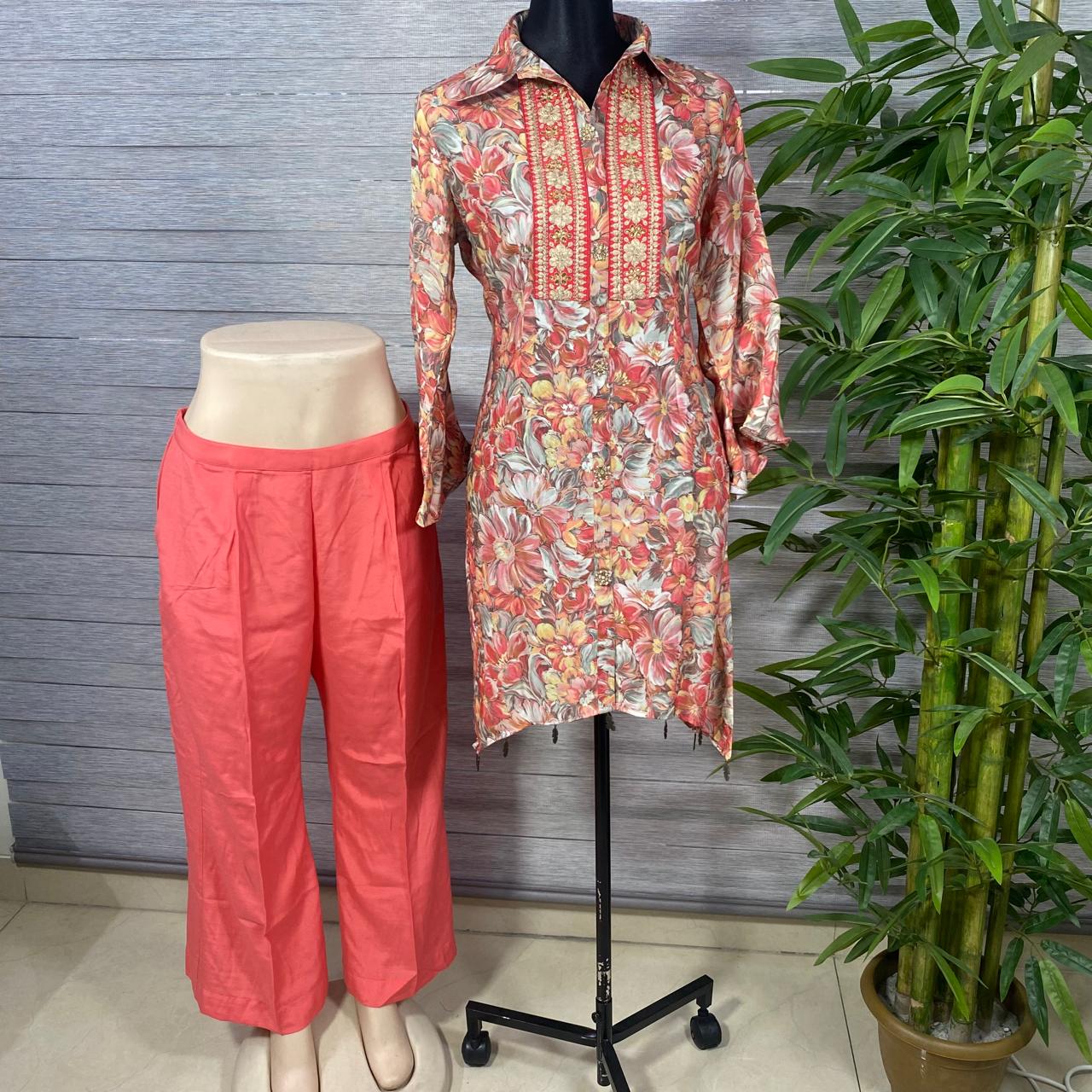 Coral Floral Embroidered Tunic & Trousers Set - Image 3