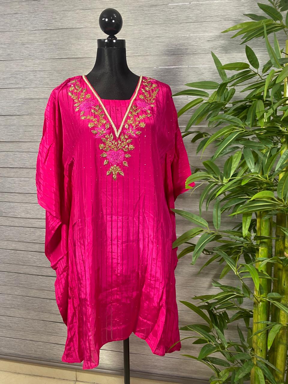 Fuchsia Silk Kaftan with Gold Floral Embroidery - Image 1