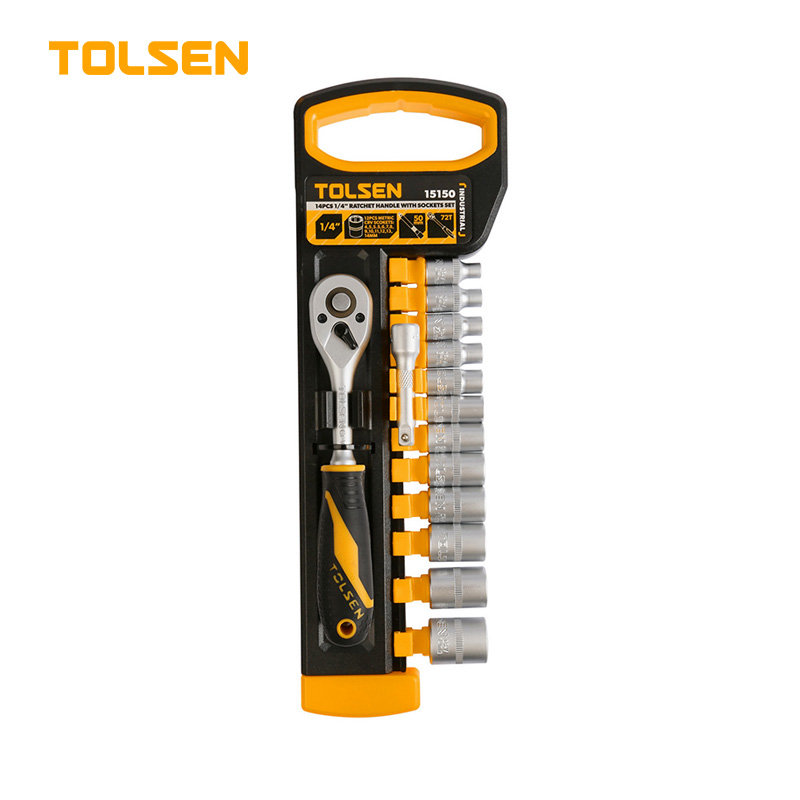 TOLSEN 15150 14 Pcs 1/4" Ratchet Handle with Socket Set | 72-Tooth | CrV Steel | Quick Release | Industrial Series | Model: 15150
