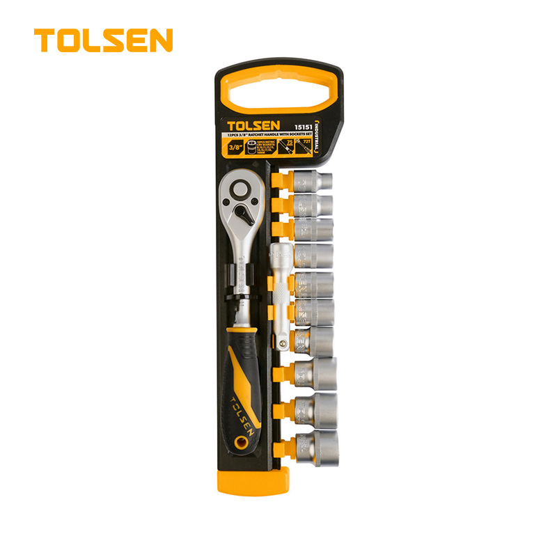 TOLSEN 15151 12Pcs 3/8" Drive Ratchet Handle with Socket Set, Quick Release, 72-Tooth, CrV Steel, Industrial Series; Model: 15151