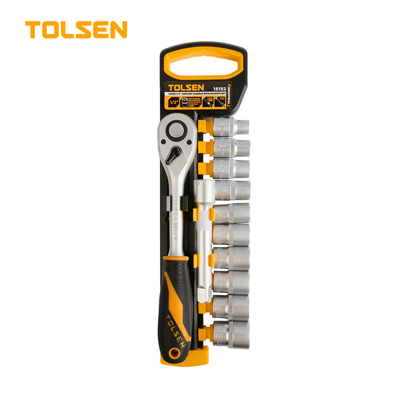 TOLSEN 15152 12Pcs 1/2" Drive Ratchet Handle with Socket Set | Quick Release | 72-Tooth | CrV Steel | Industrial Series | Model: 15152