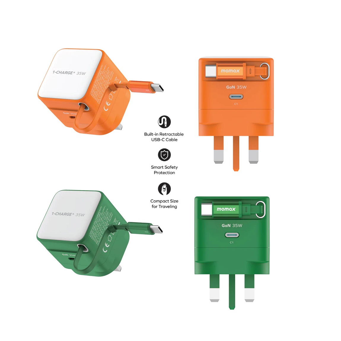 Momax 1-Charge+ 35W GaN USB-C Fast Charger with Built-in Retractable Cable Green Orange | Price in BD_img_0