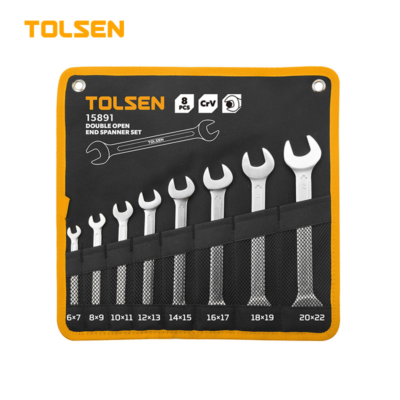 TOLSEN 15891 8Pcs Double Open End Spanner Set, Chrome Plated, Satin Finish, DIN3110 | Sizes 6×7 to 20×22mm | Model: 15891