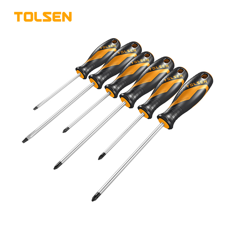 TOLSEN 20014 6Pcs Screwdriver Set | Anti-Slip Grip | Magnetized | Flat, Phillips & Pozidriv | CrV Steel | Two-Component Handle | Black Finish | Model: 20014_img_0