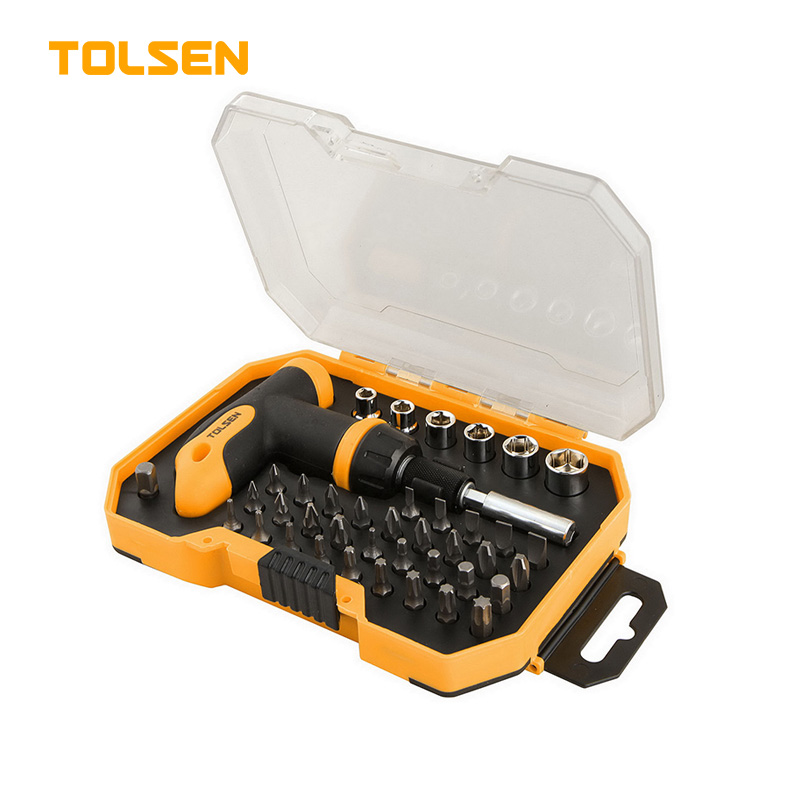 TOLSEN 20036 41Pcs Bit & Socket Set, 1/4" Drive, CrV Bits, T-Handle Ratchet, Plastic Case, Model: 20036_img_0
