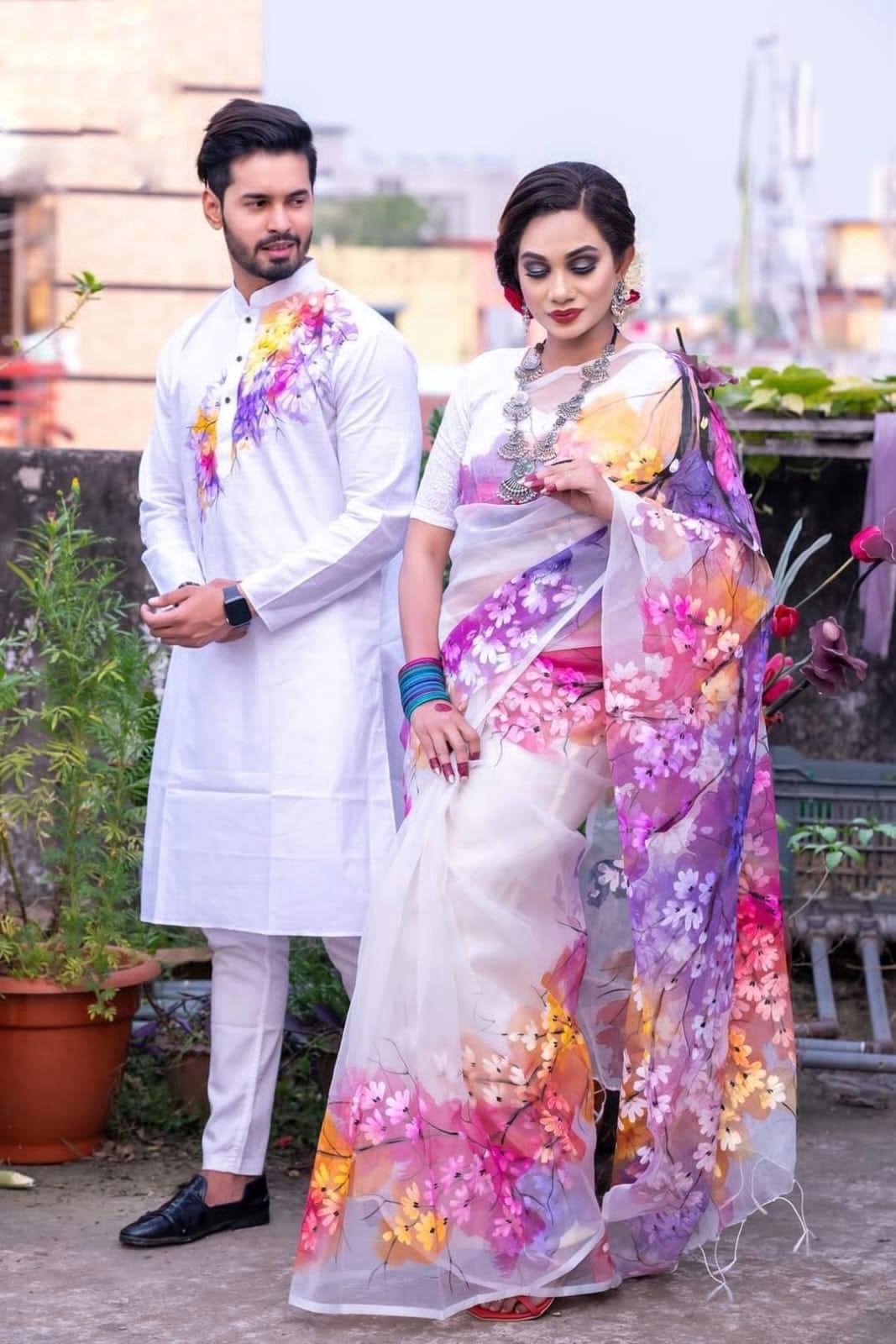 Hand Print Sharee Panjabi Couple Set