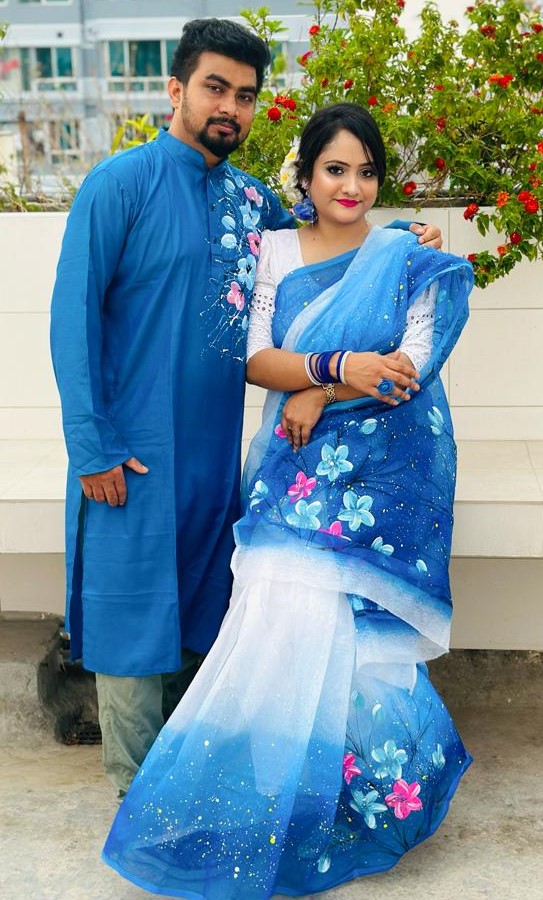 Hand Print Sharee Panjabi Couple Set_img_5