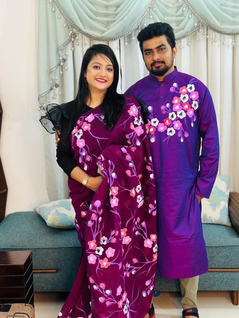 Hand Print Sharee Panjabi Couple Set_img_8