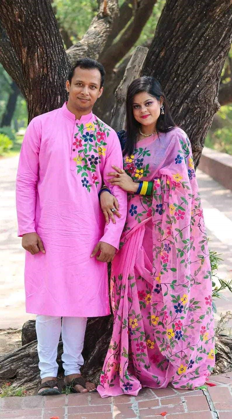 Hand Print Sharee Panjabi Couple Set_img_9
