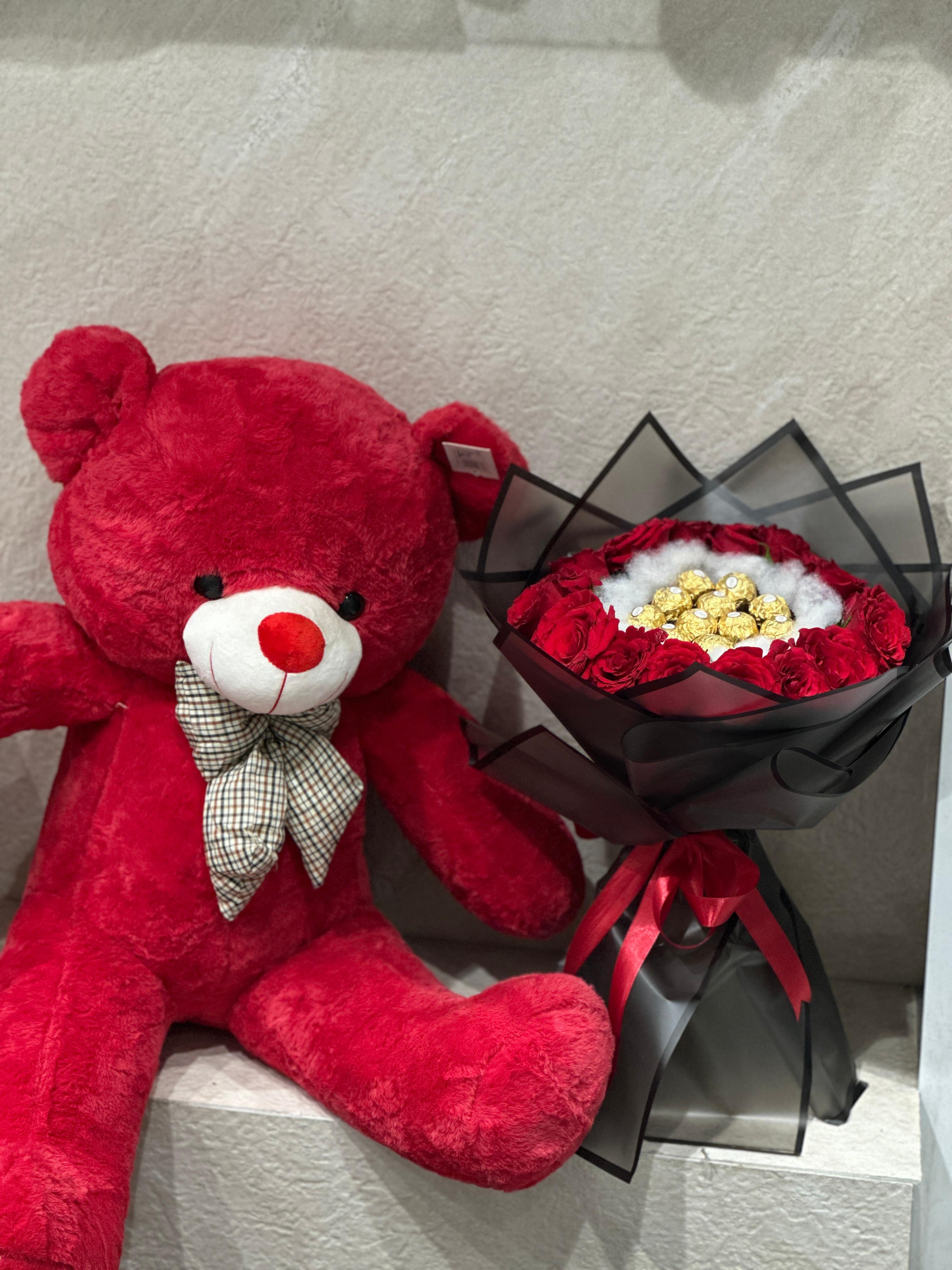 Teddy, chocolate within flowers bouquet