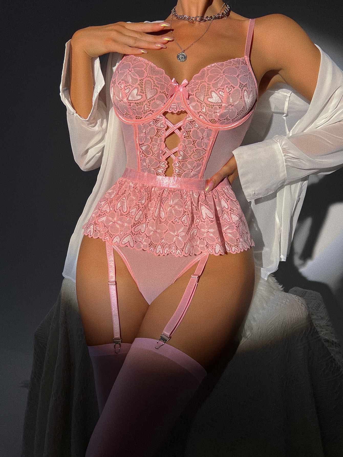Lace Bodysuit with Thigh-High Stockings - Image 18