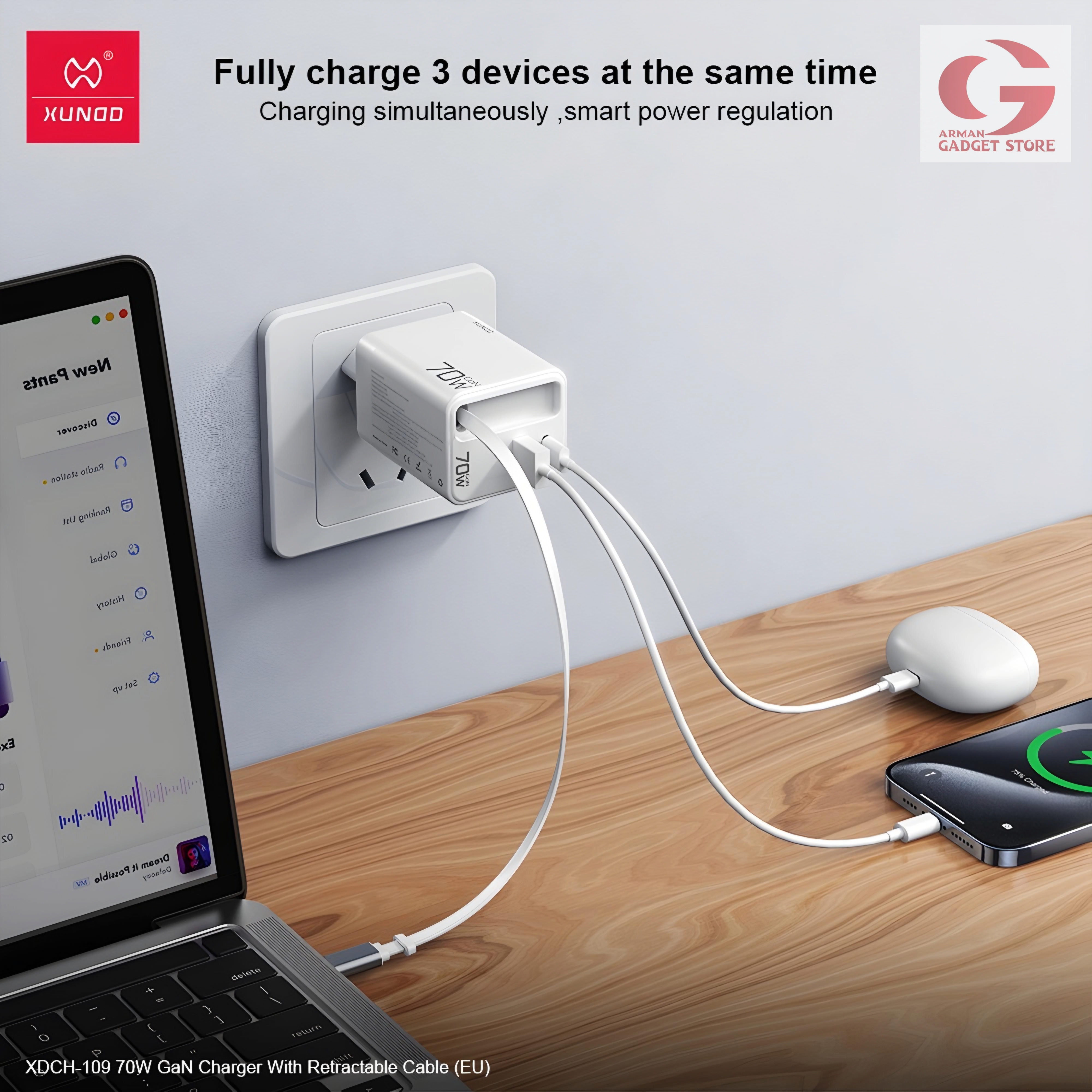 XUNDD XDCH-109 70W GaN Fast Charger With Build In Retractable Charging Cable_img_4
