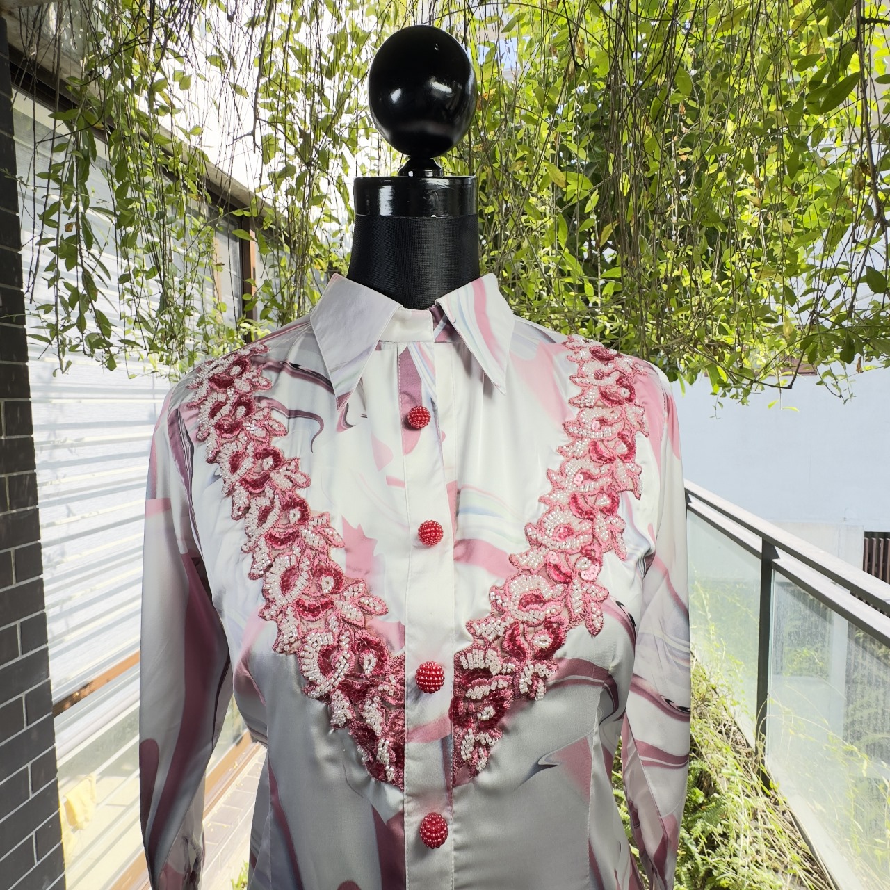 Abstract Marble Print Shirt Dress with Embellished Placket image 2