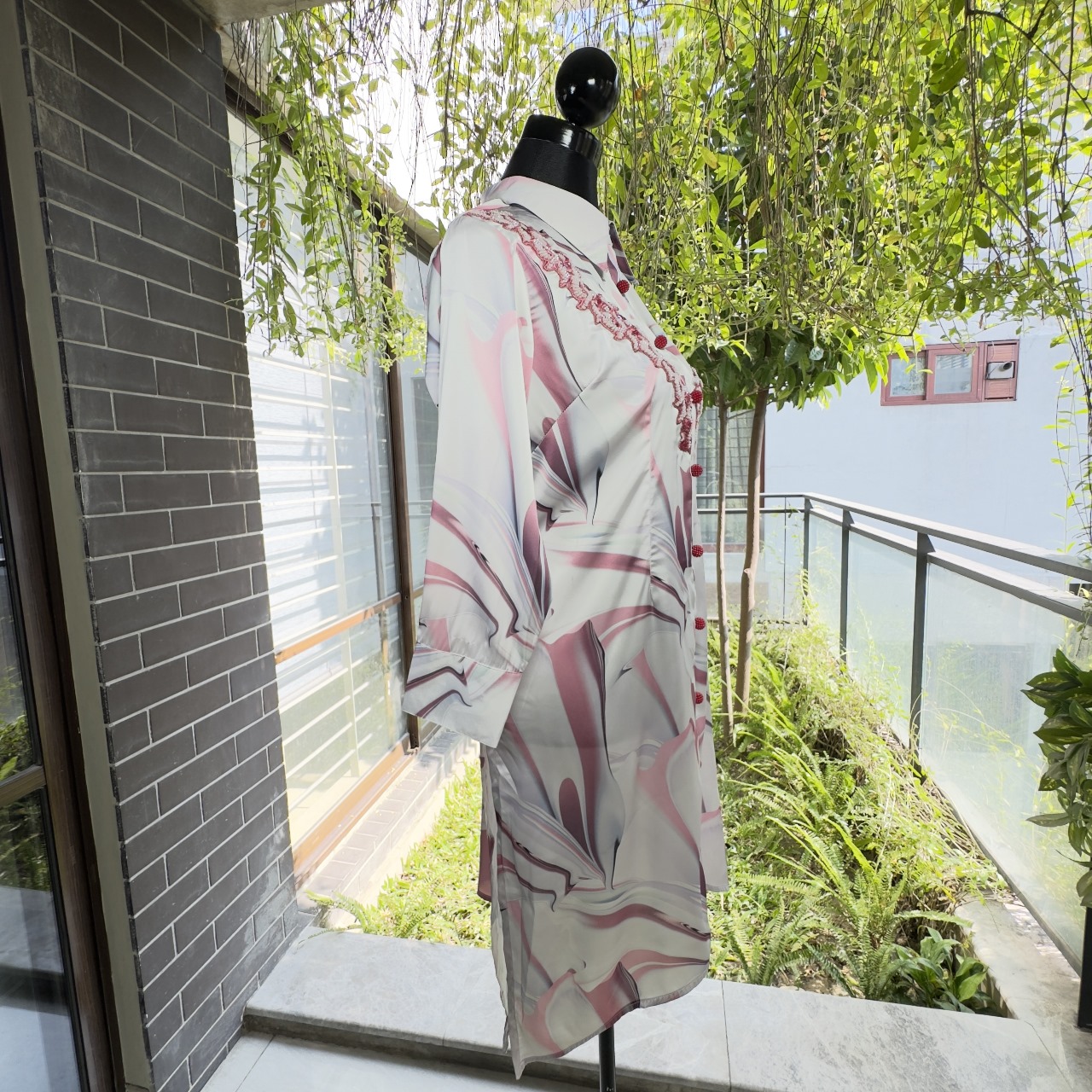 Abstract Marble Print Shirt Dress with Embellished Placket image 3