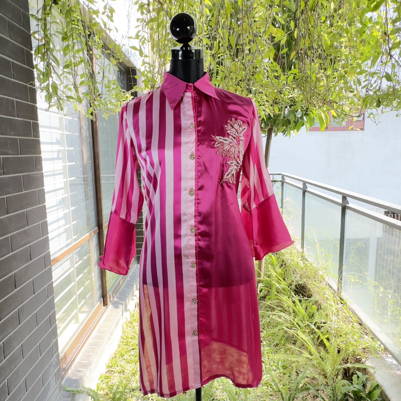 Hot Pink Split-Design Tunic with Floral Embroidery - Image 1