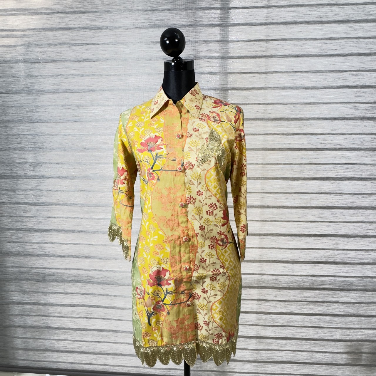 Women's Yellow Floral Lace-Trim Co-ord Set with Mandarin Collar - Image 1
