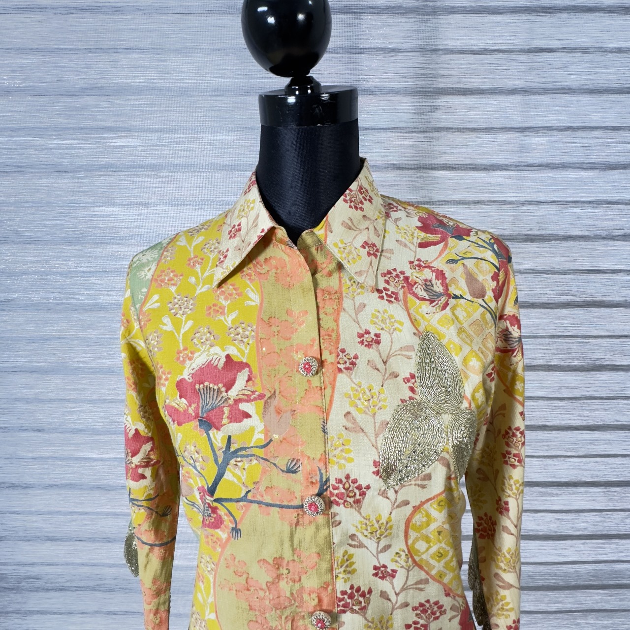 Women's Yellow Floral Lace-Trim Co-ord Set with Mandarin Collar - Image 2