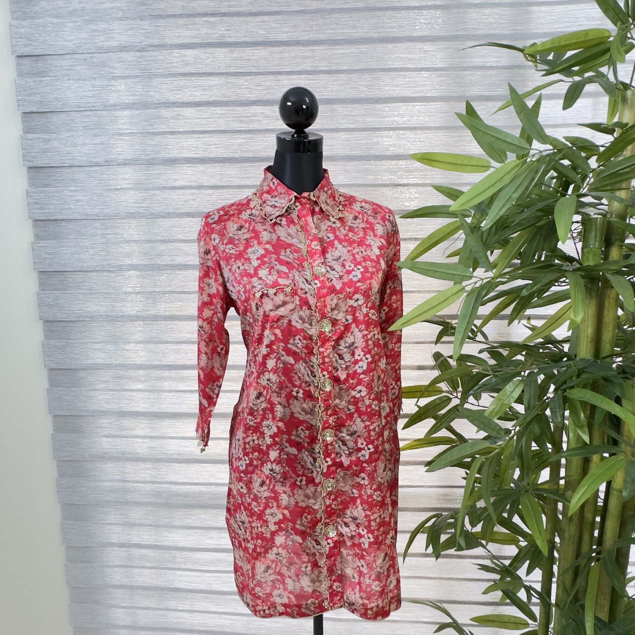 Crimson Elegance Floral Shirt Dress Cord Set - Image 1