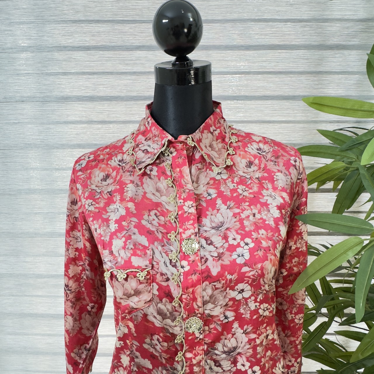 Crimson Elegance Floral Shirt Dress Cord Set - Image 2