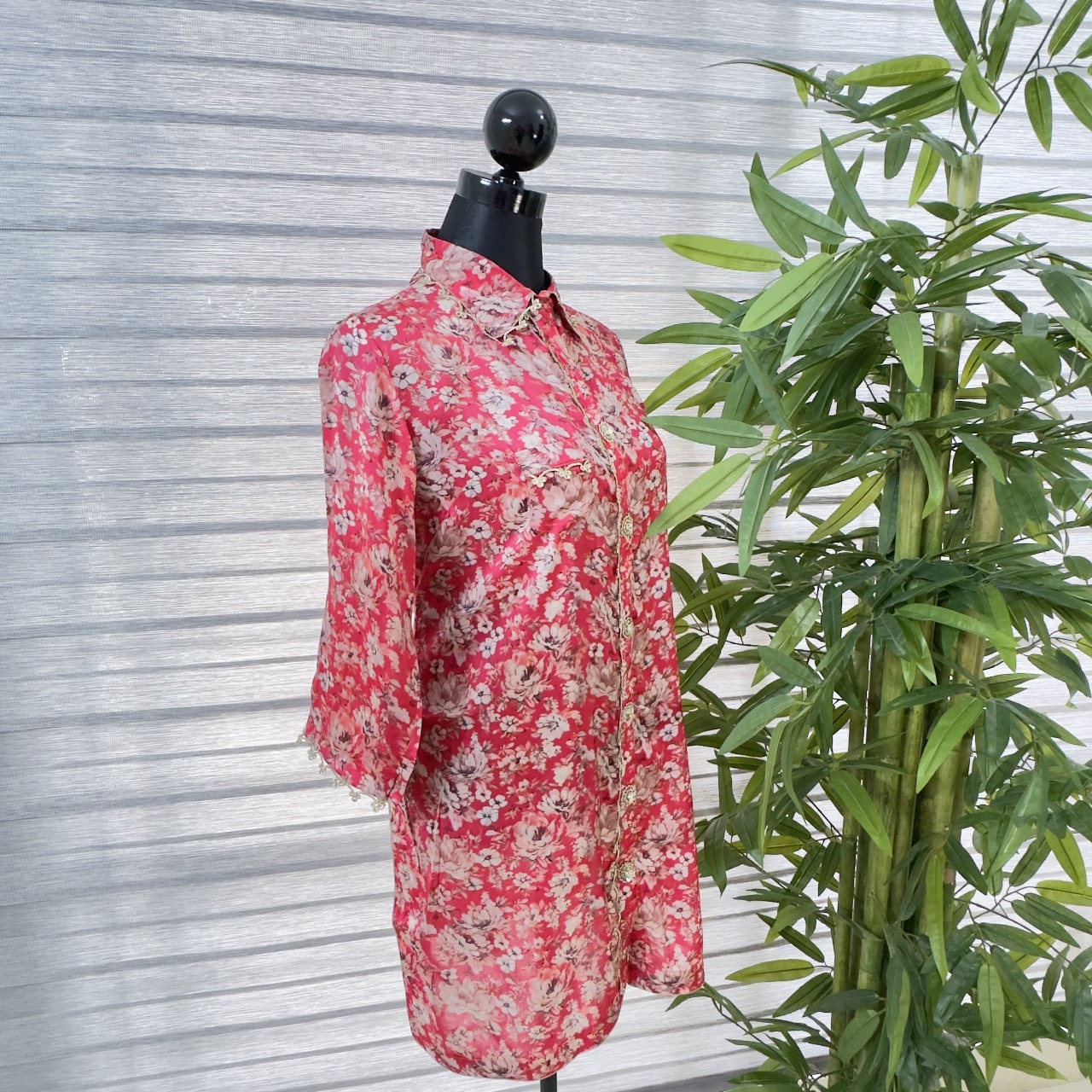 Crimson Elegance Floral Shirt Dress Cord Set - Image 3