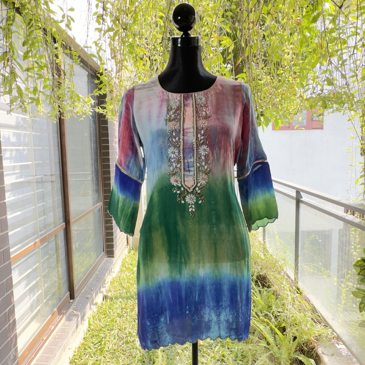 Boho Bloom Tie-Dye Embroidered Kurti Set - Image 1