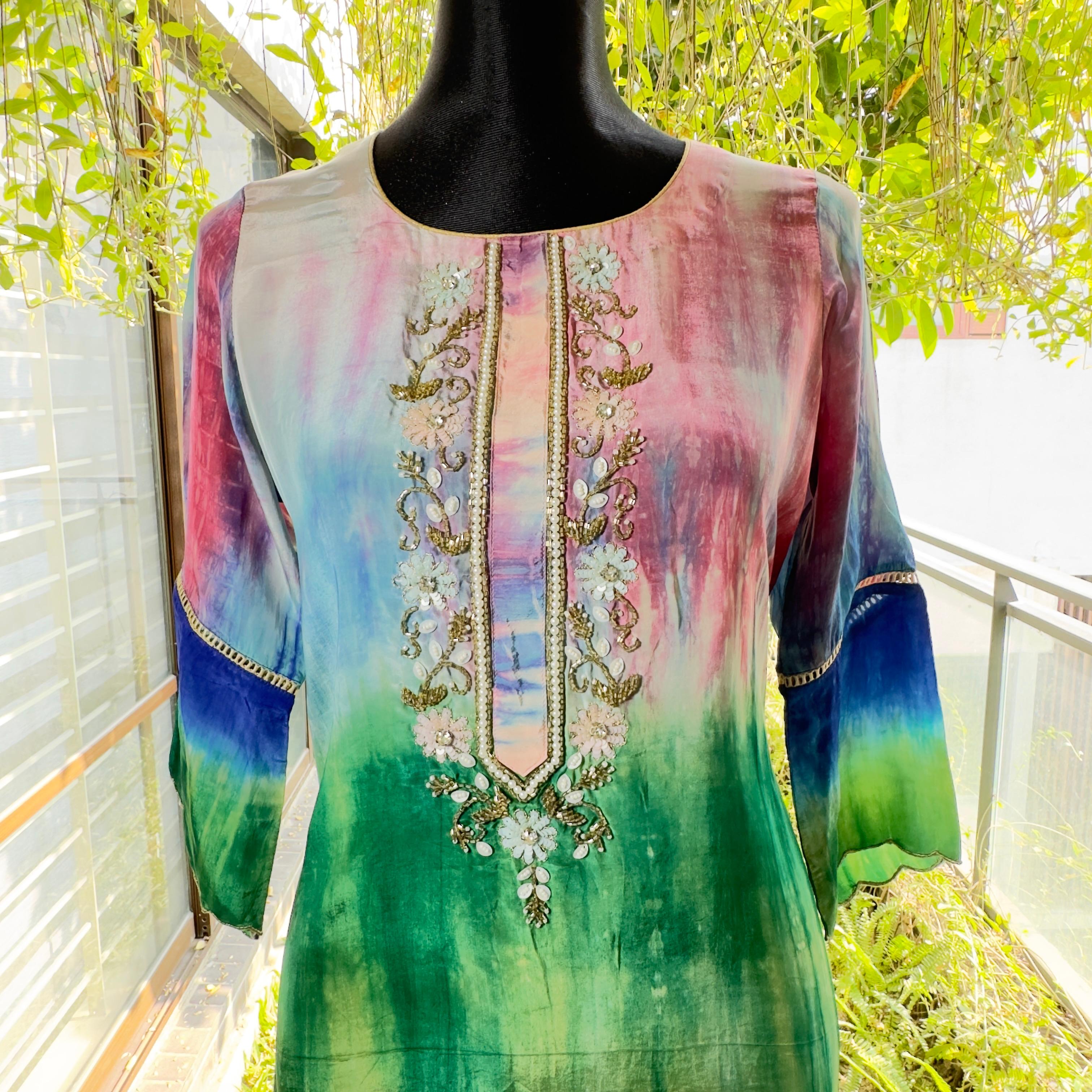 Boho Bloom Tie-Dye Embroidered Kurti Set - Image 2