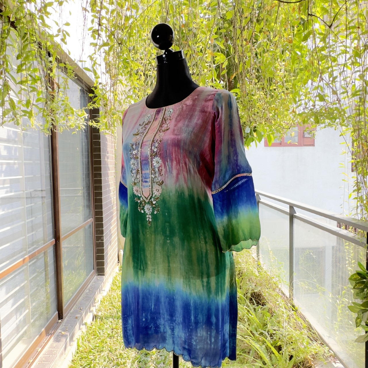 Boho Bloom Tie-Dye Embroidered Kurti Set - Image 3