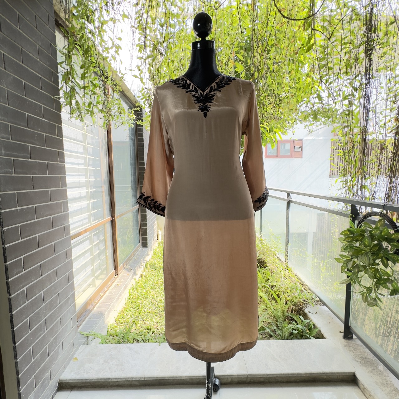 Beige Cord Set with Black Embroidered Neckline and Sleeves - Image 1