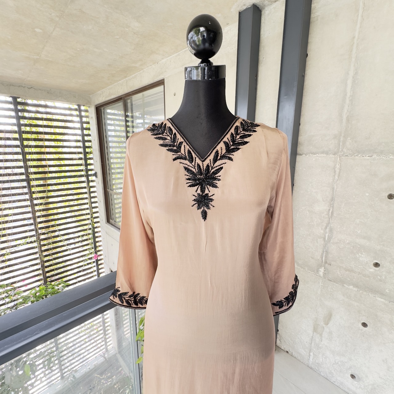Beige Cord Set with Black Embroidered Neckline and Sleeves - Image 2