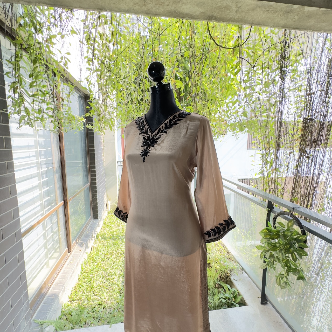 Beige Cord Set with Black Embroidered Neckline and Sleeves - Image 3