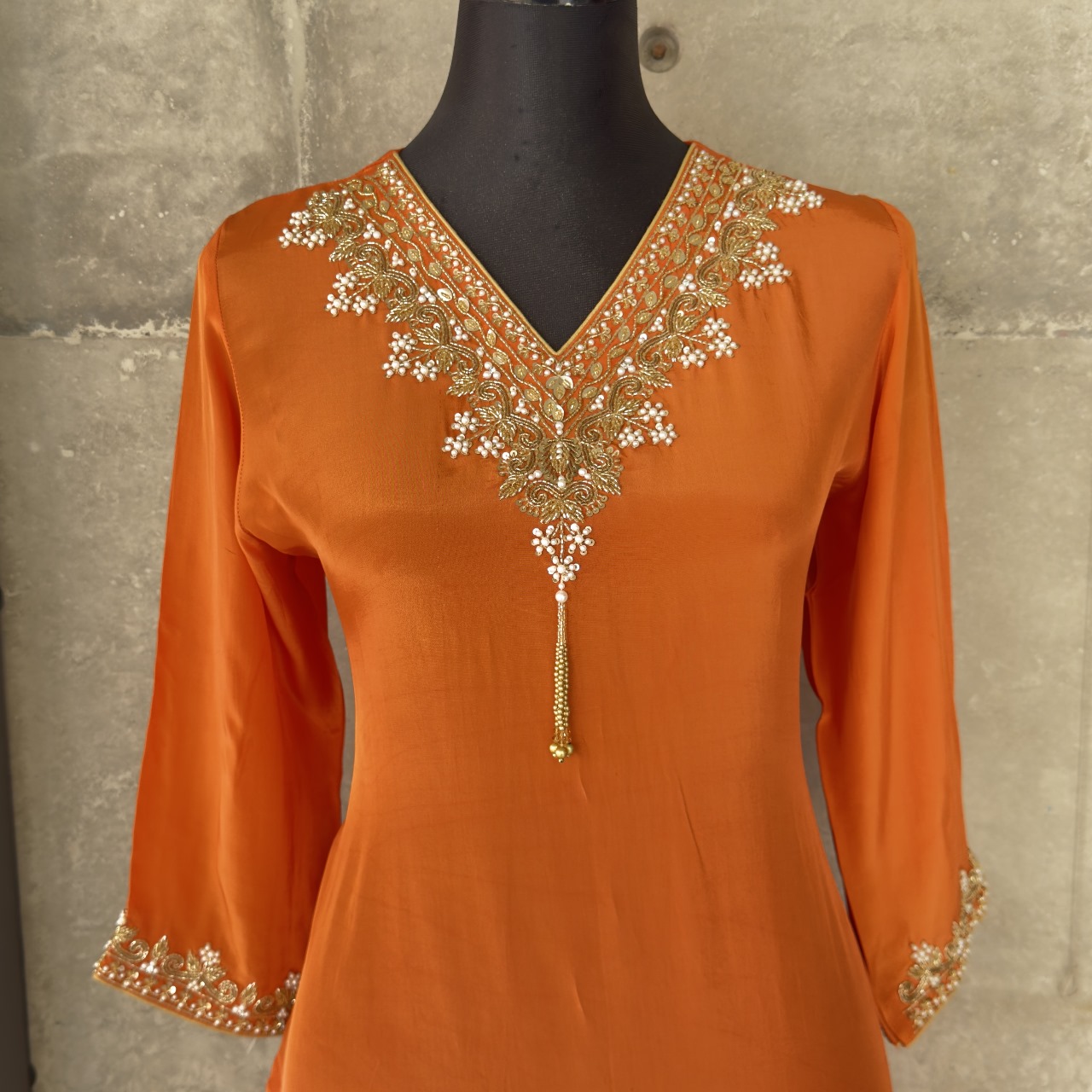 Bright Orange Embroidered Cord Set with Tassel Detailing - Image 2