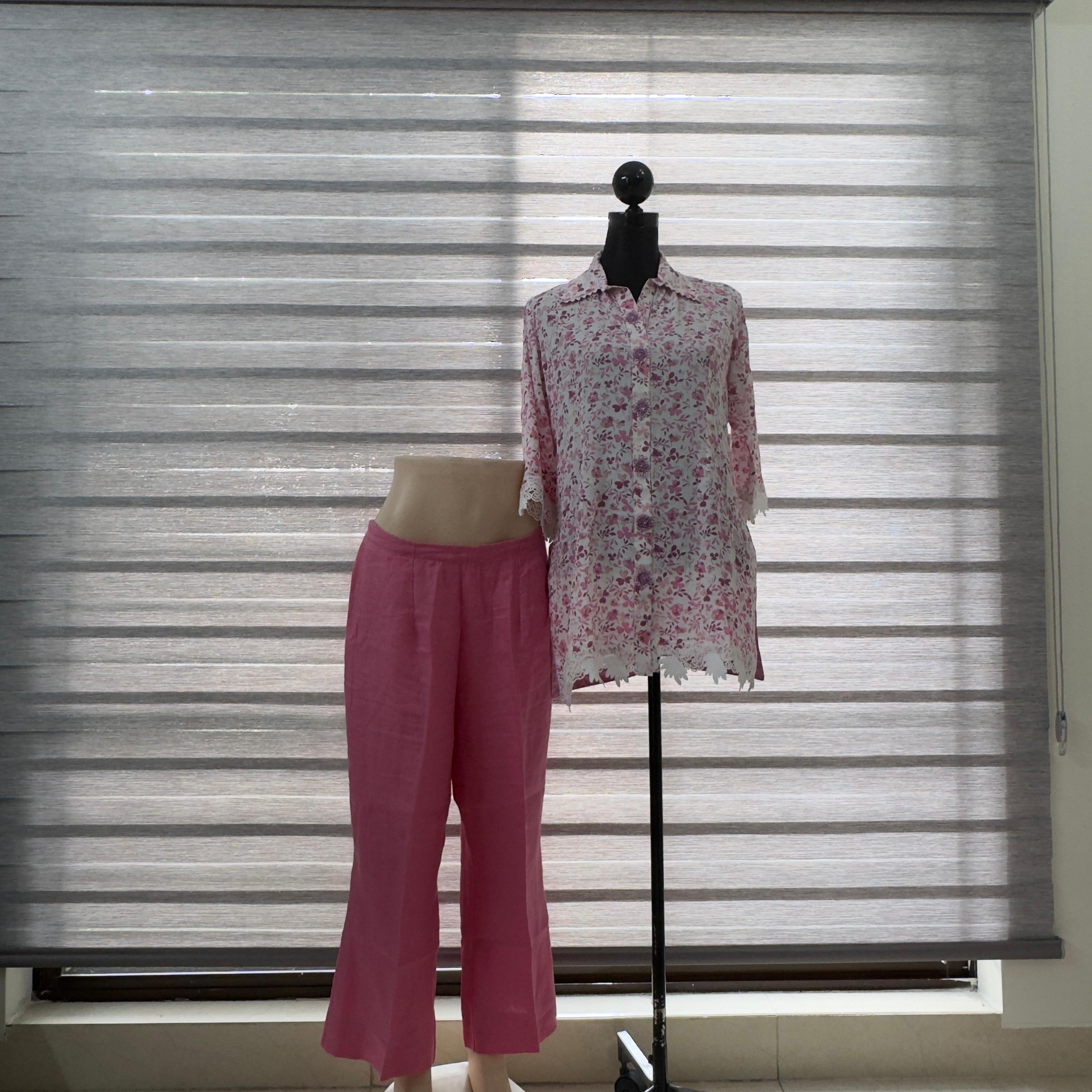 Soft Pink Floral Printed Cord Set with Lace Detailing - Image 2