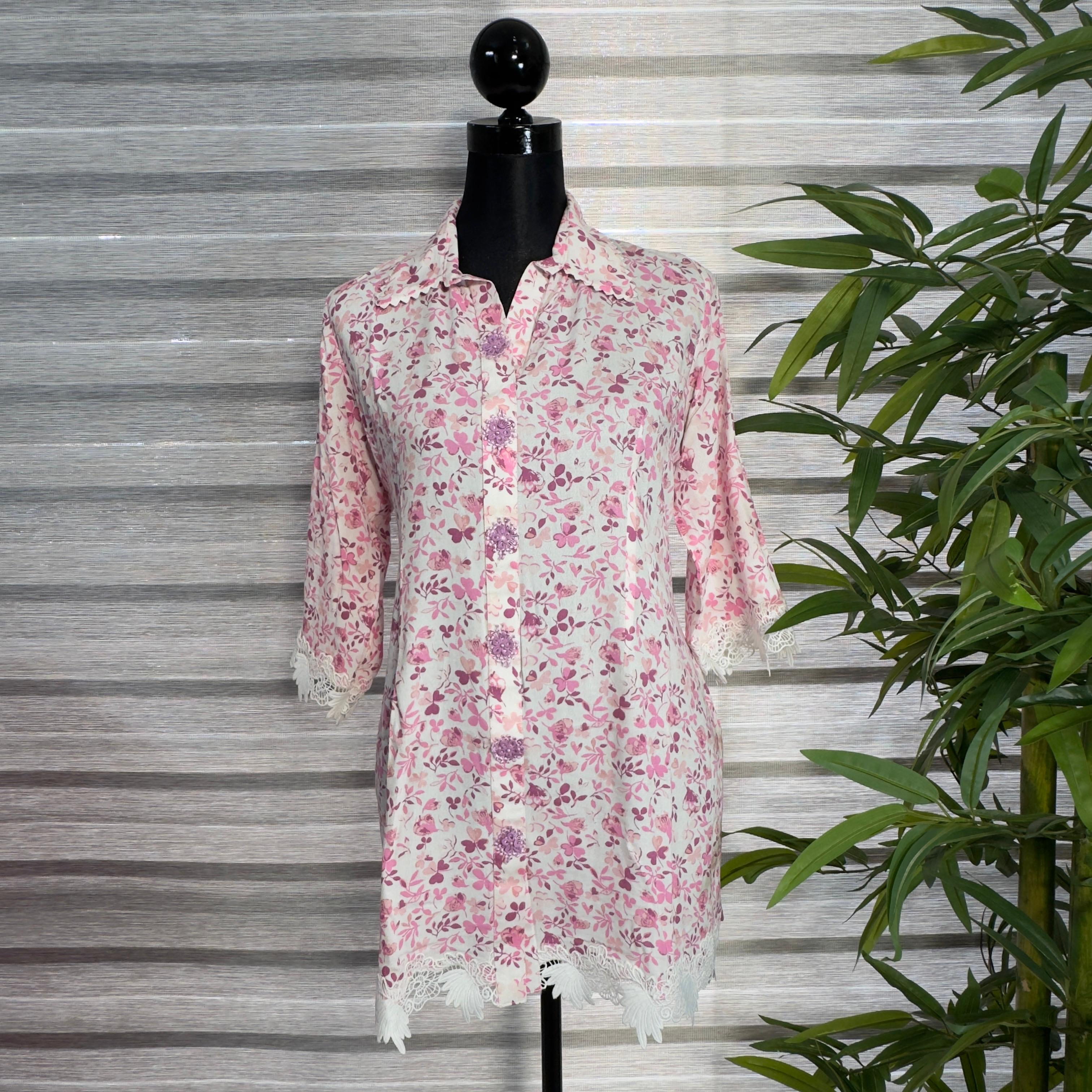 Soft Pink Floral Printed Cord Set with Lace Detailing - Image 1