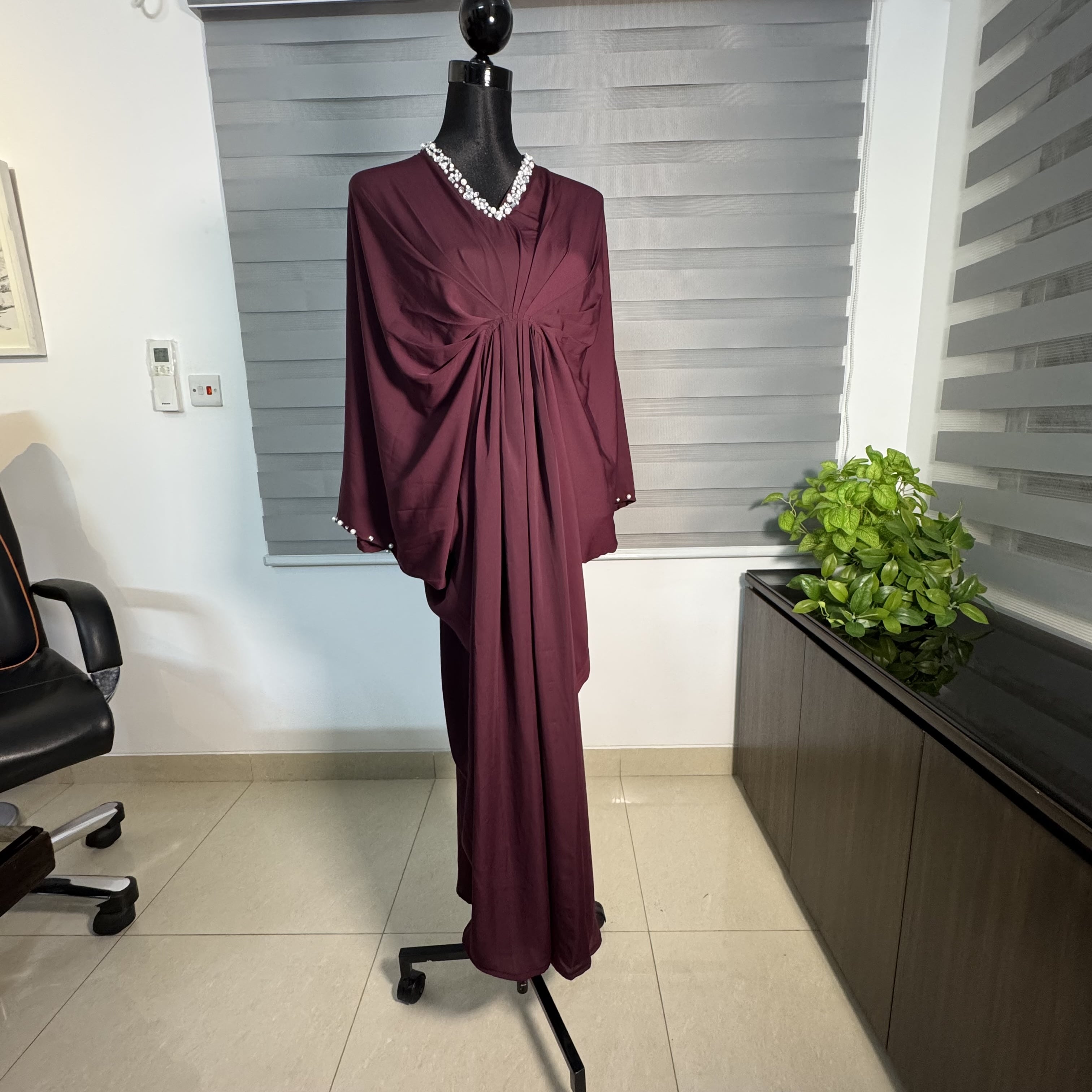 Plum Draped Long Kaftan with Crystal Neckline - Image 1
