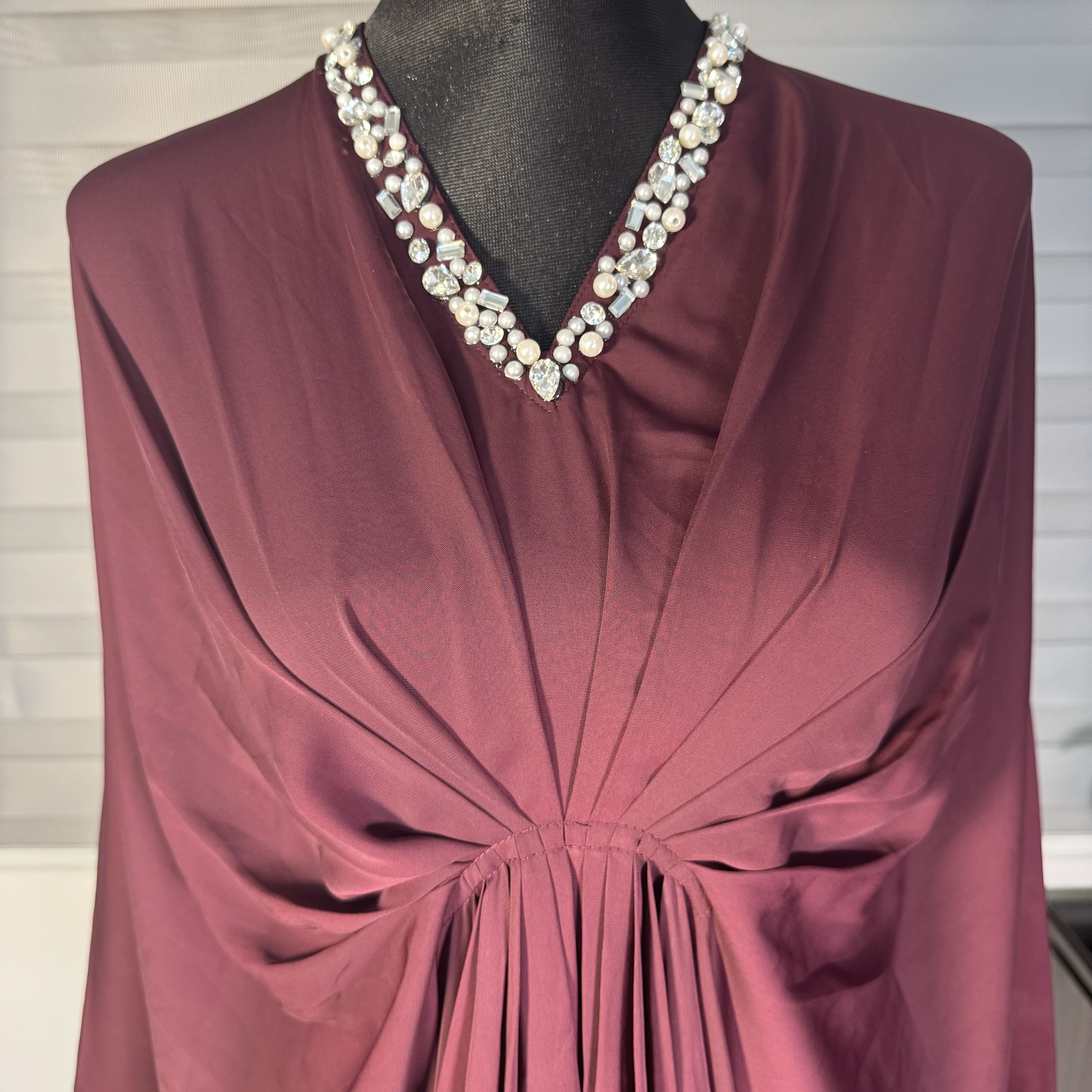 Plum Draped Long Kaftan with Crystal Neckline - Image 2