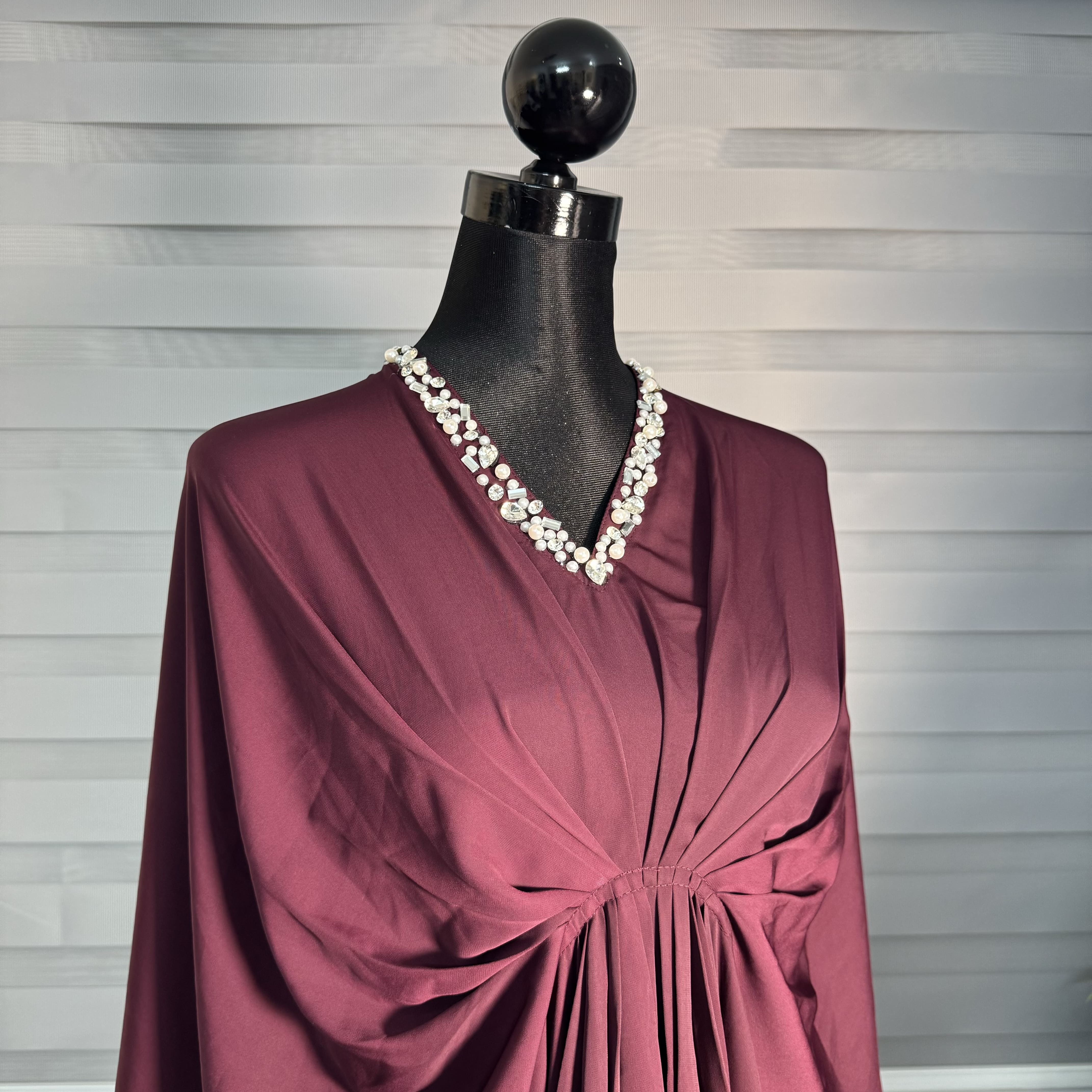 Plum Draped Long Kaftan with Crystal Neckline - Image 3