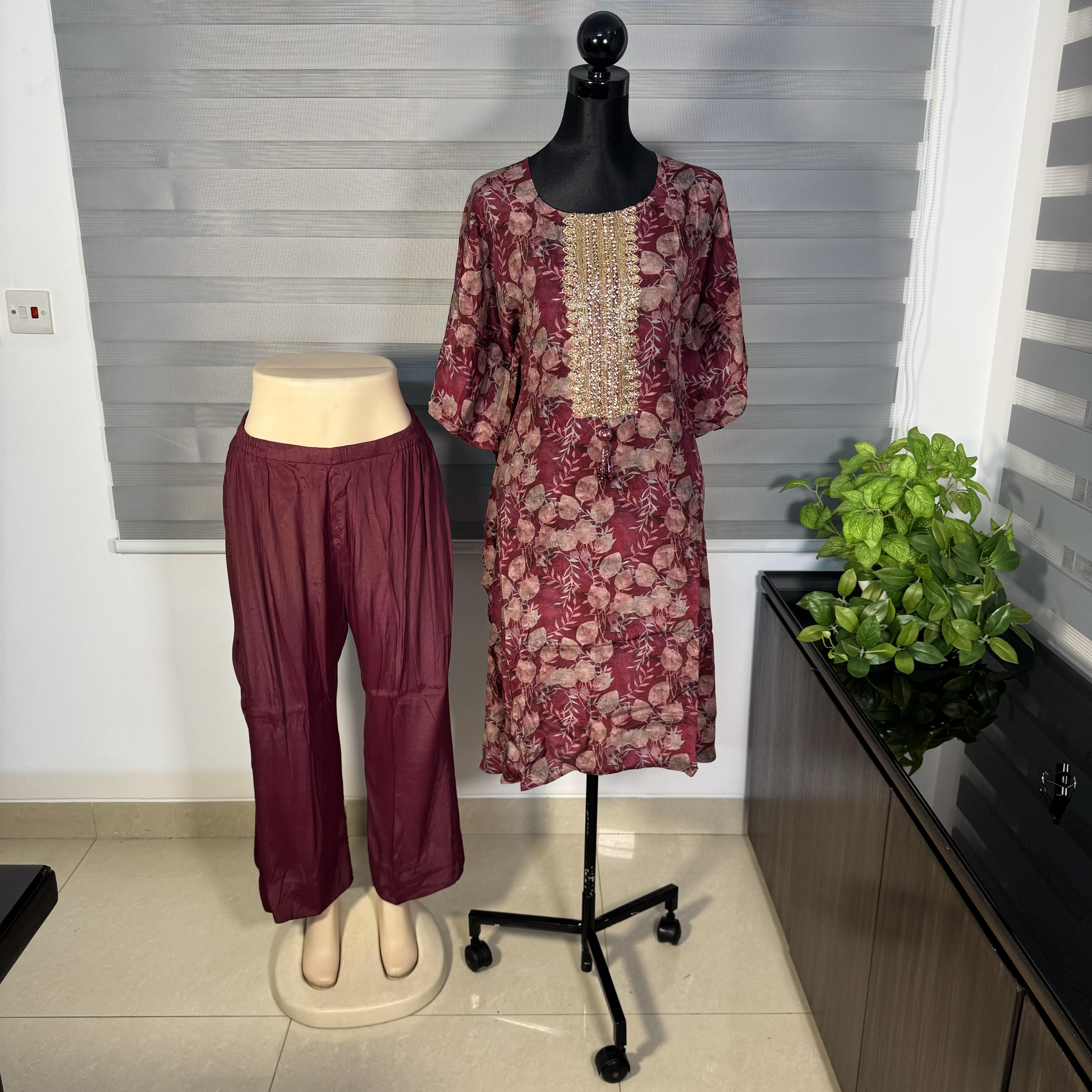 Maroon Floral Printed Cord Set with Golden Embellished Neckline - Image 1