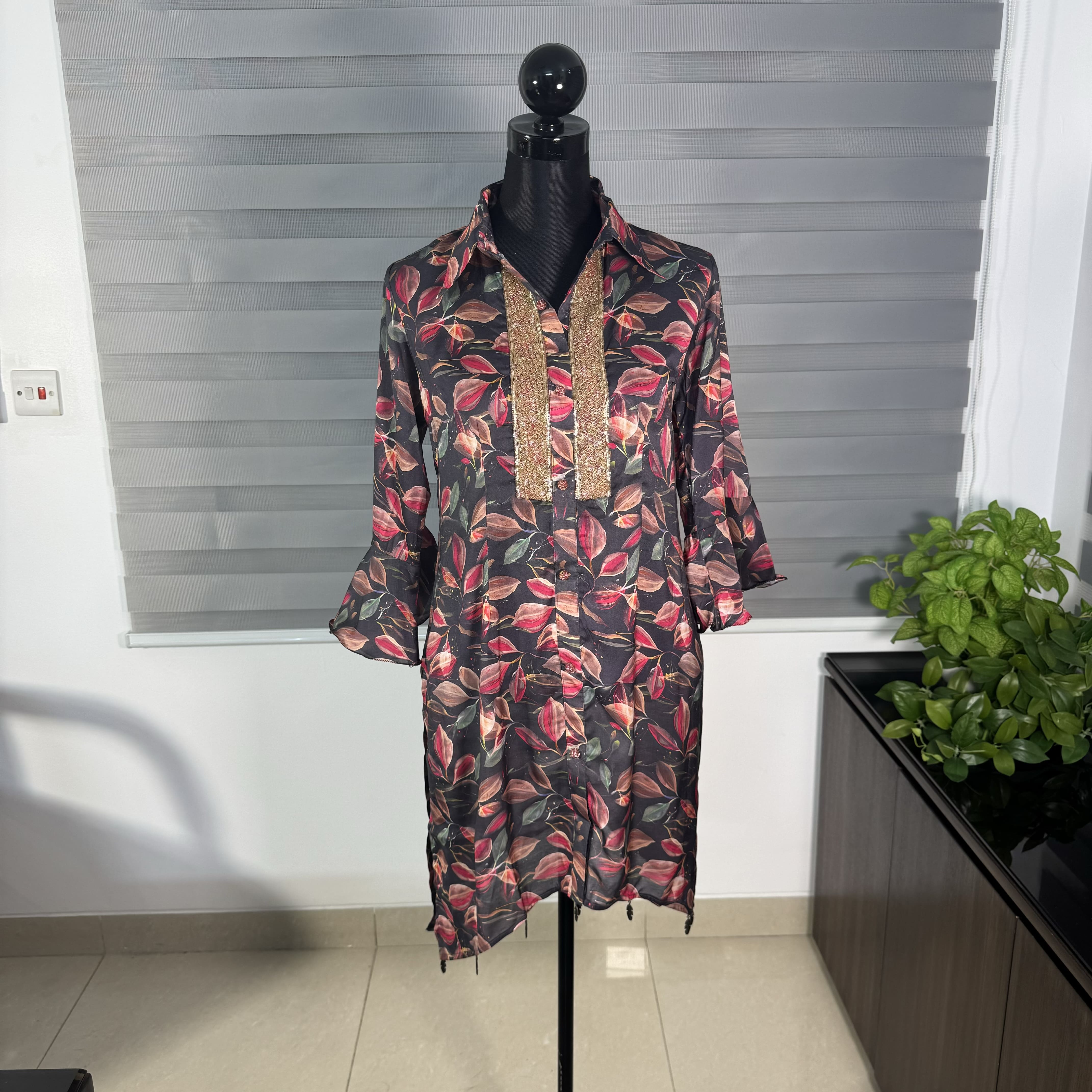 Elegant Black Floral Printed Cord Set with Embellished Neckline - Image 1