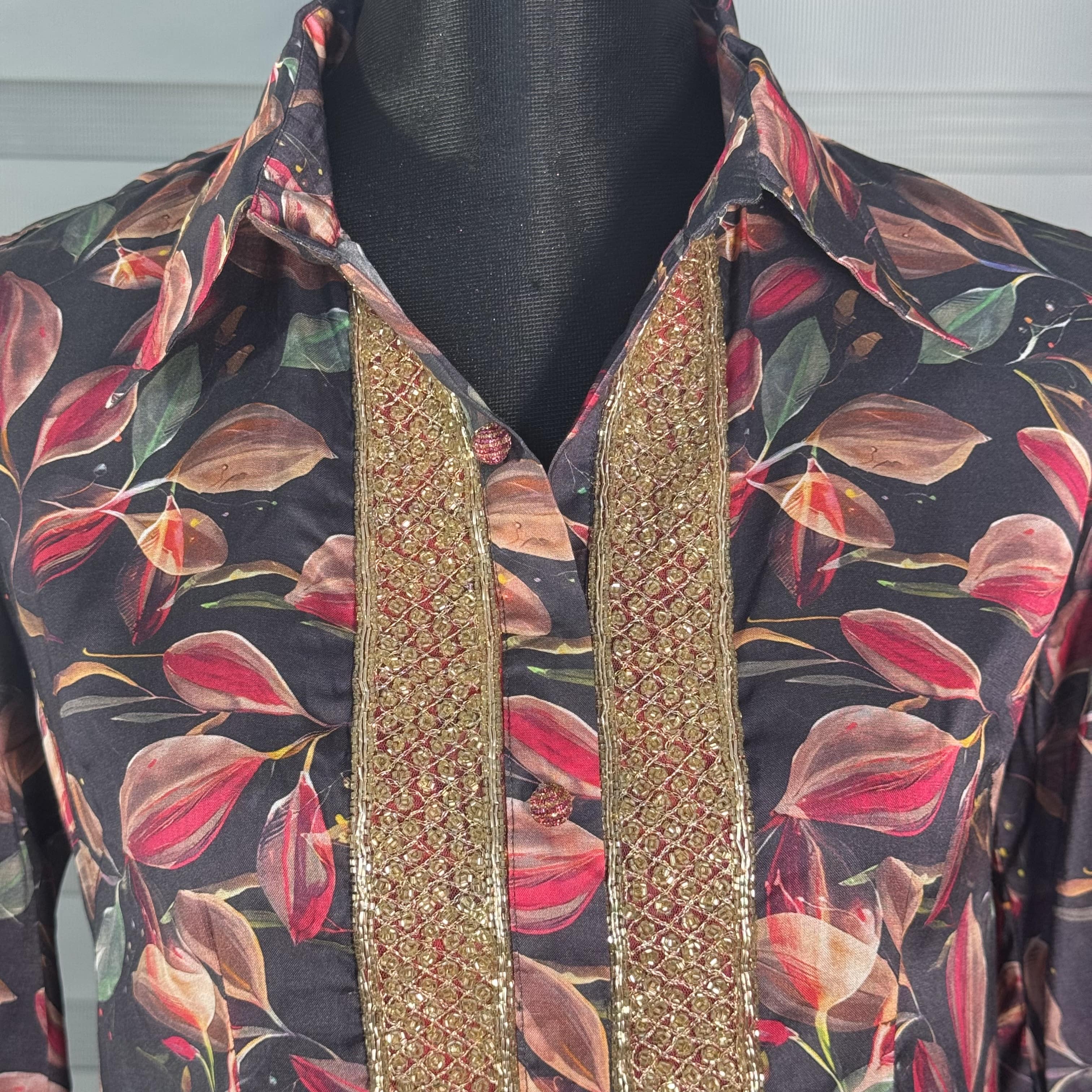 Elegant Black Floral Printed Cord Set with Embellished Neckline - Image 2