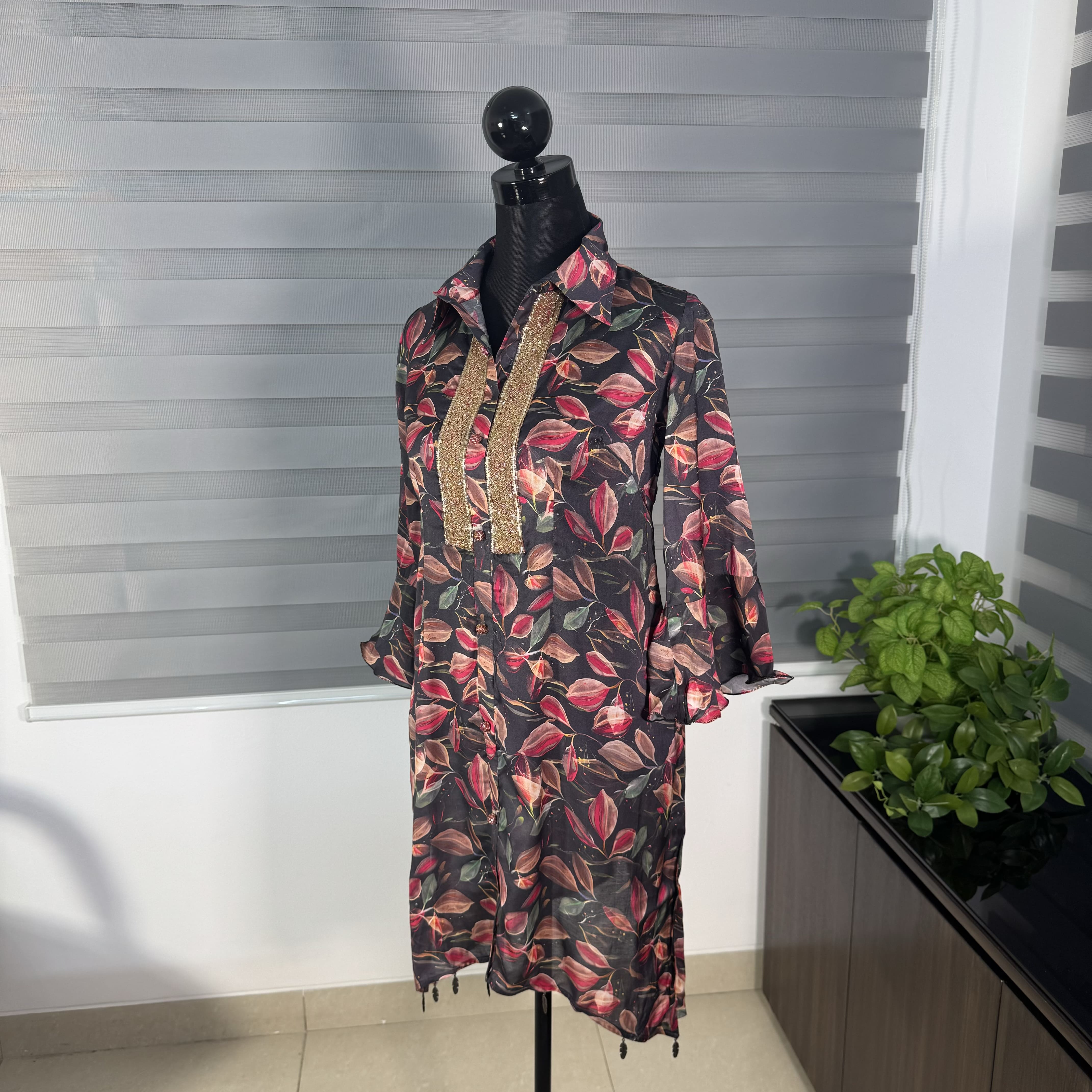 Elegant Black Floral Printed Cord Set with Embellished Neckline - Image 3