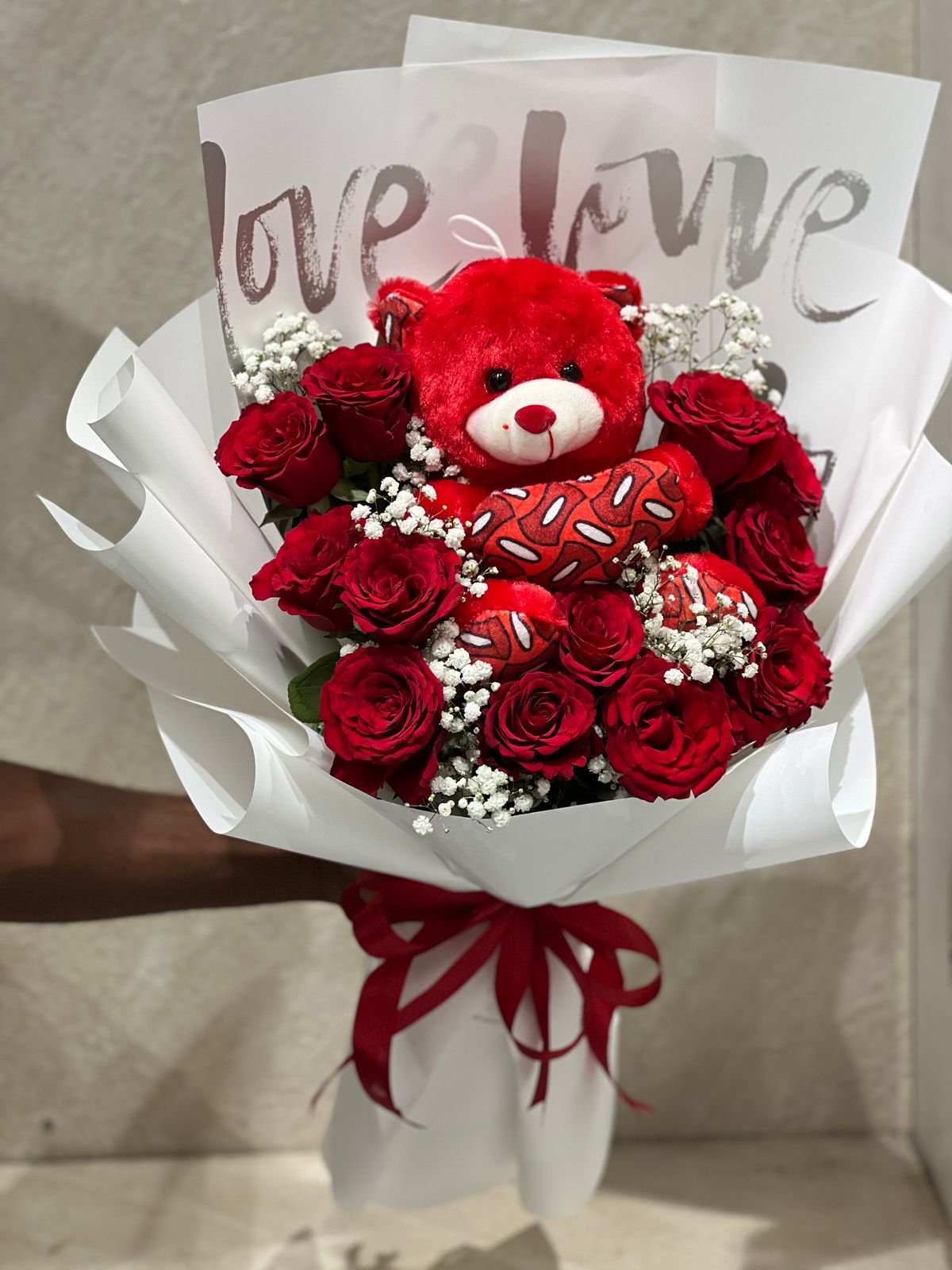 Mini Teddy  within Red flowers bouquet