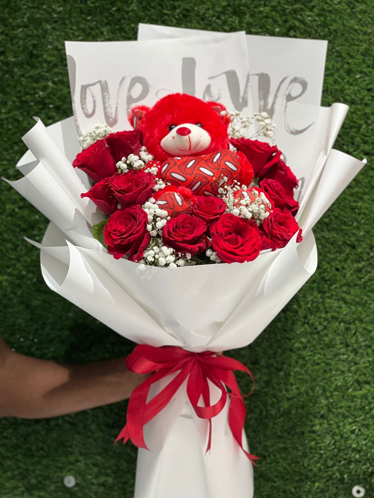 Mini Teddy  within Red flowers bouquet_img_1