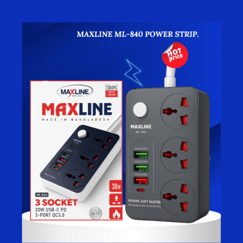 Maxline ML 804 "Multiplug"– Ultimate 3-Socket Power Hub with 20W USB-C & QC3.0 Fast Charging!