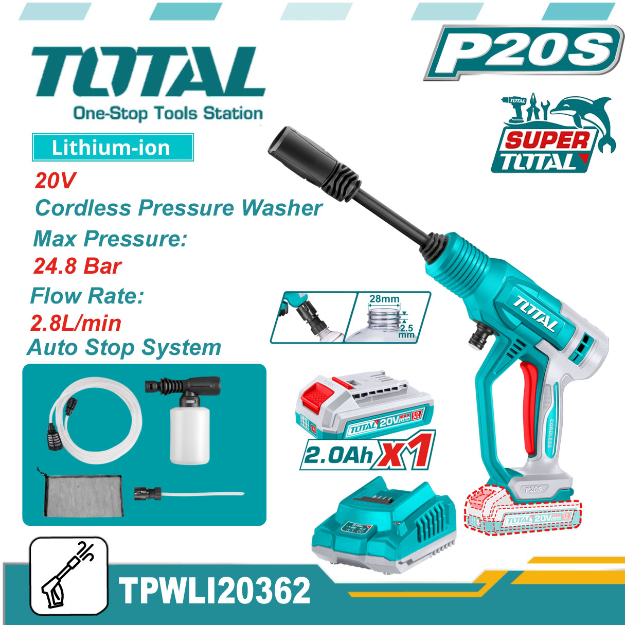 TOTAL TPWLI20362 20V Cordless Pressure Washer Car Washer With Battery & Charger Model: TPWLI20362_img_0