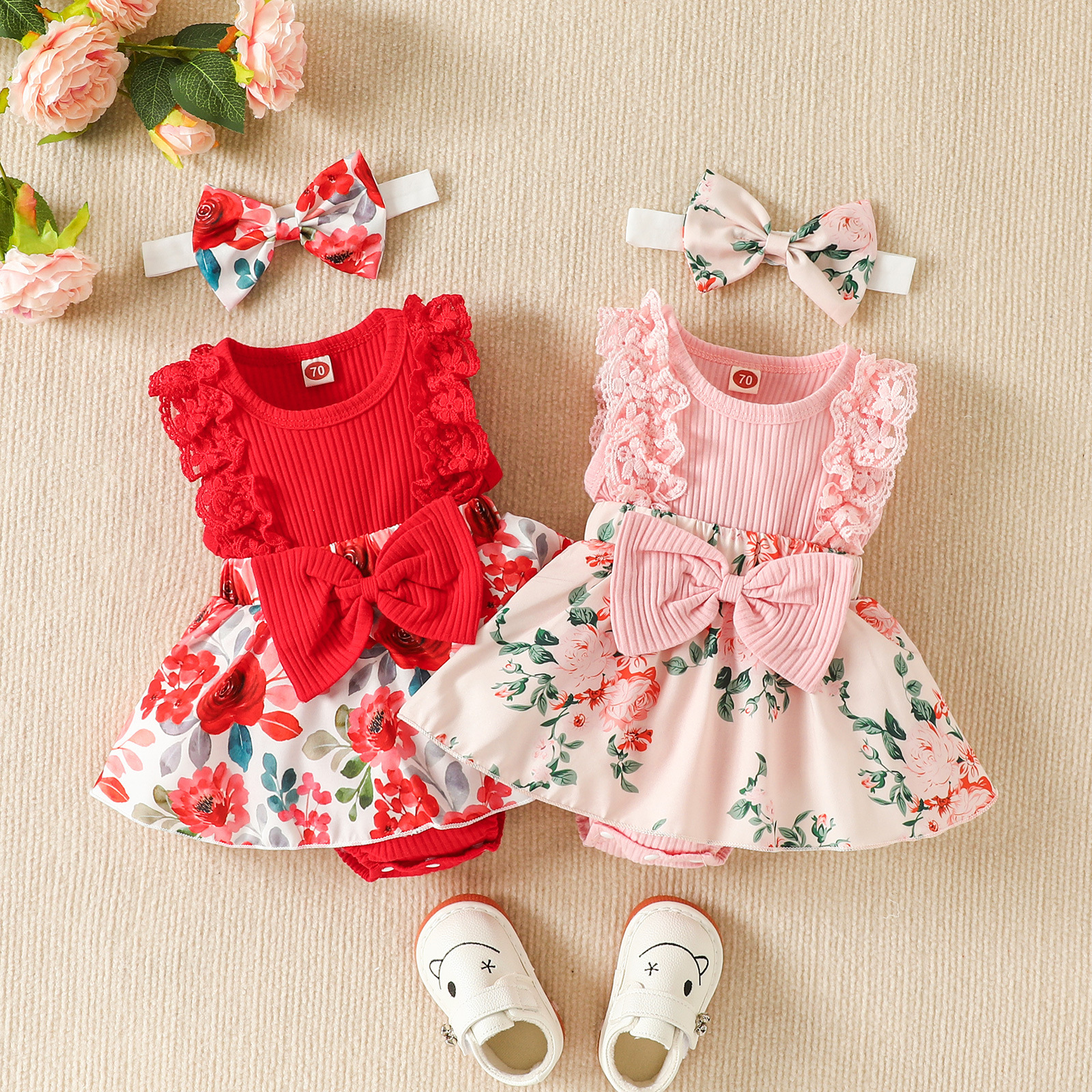 Baby Girl Sleeveless Lace Floral Romper Dress with Headband (0 to 12 months)_img_0